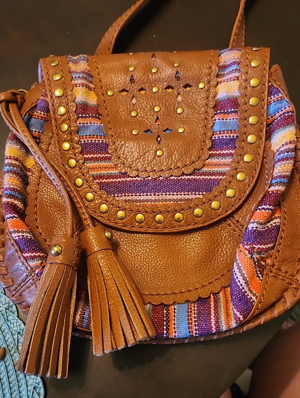 Isabella Fiore Brown Leather-Trim Boho Crossbody Bag with Multicolor Stripe